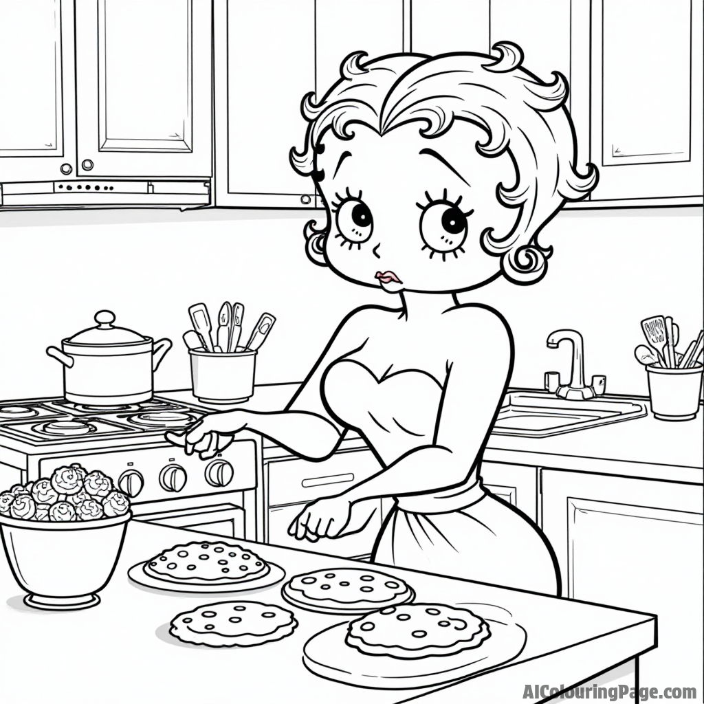 Betty Boop baking cookies in a kitchen filled with utensils and delicious treats on the counter and oven