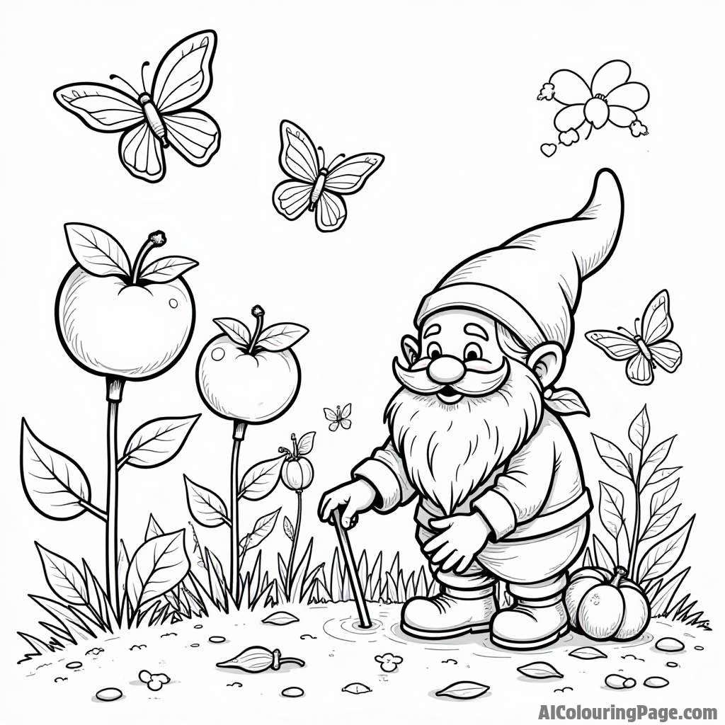 A whimsical apple garden with flowers shaped like apples, butterflies, and a friendly gnome tending to the plants.