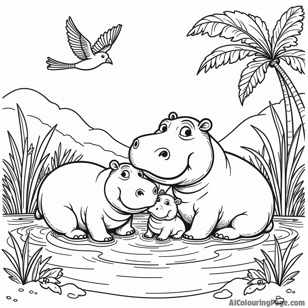 A family of hippos relaxing in a muddy river, with colorful birds flying overhead and tropical plants surrounding them, offering a playful and adventurous coloring experience for kids.