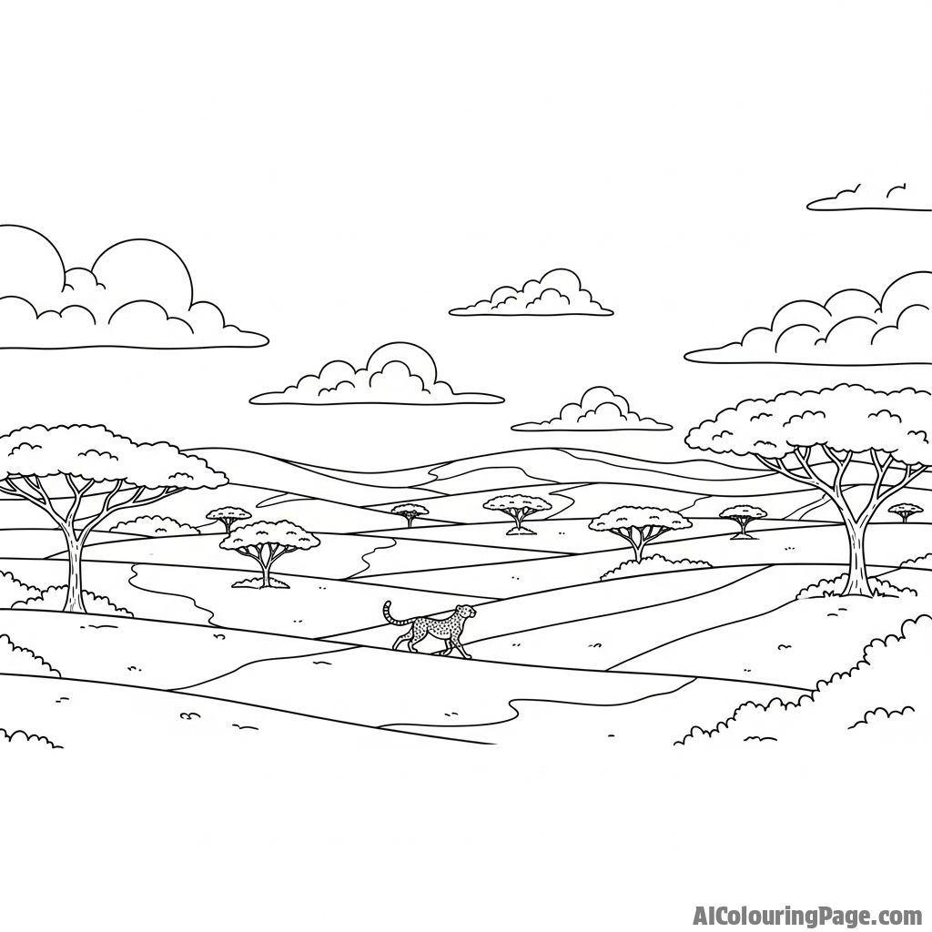 A wide-angle landscape with a tiny cheetah figure, emphasizing the vastness of the plains.