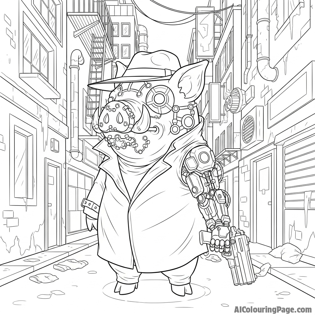 A cyberpunk pig with glowing cybernetic enhancements in a dimly lit alley.