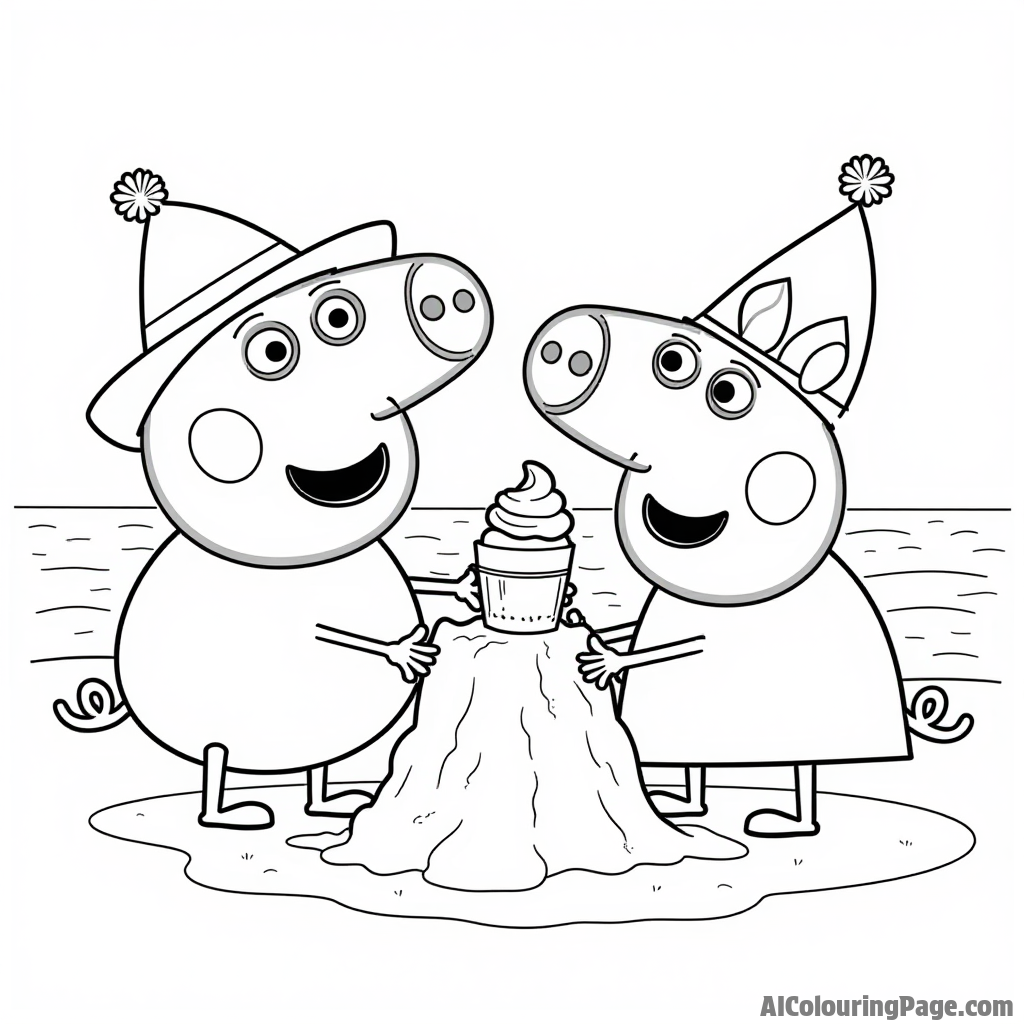 Peppa Pig and George Pig building a sandcastle at the beach while wearing funny hats and enjoying ice cream.