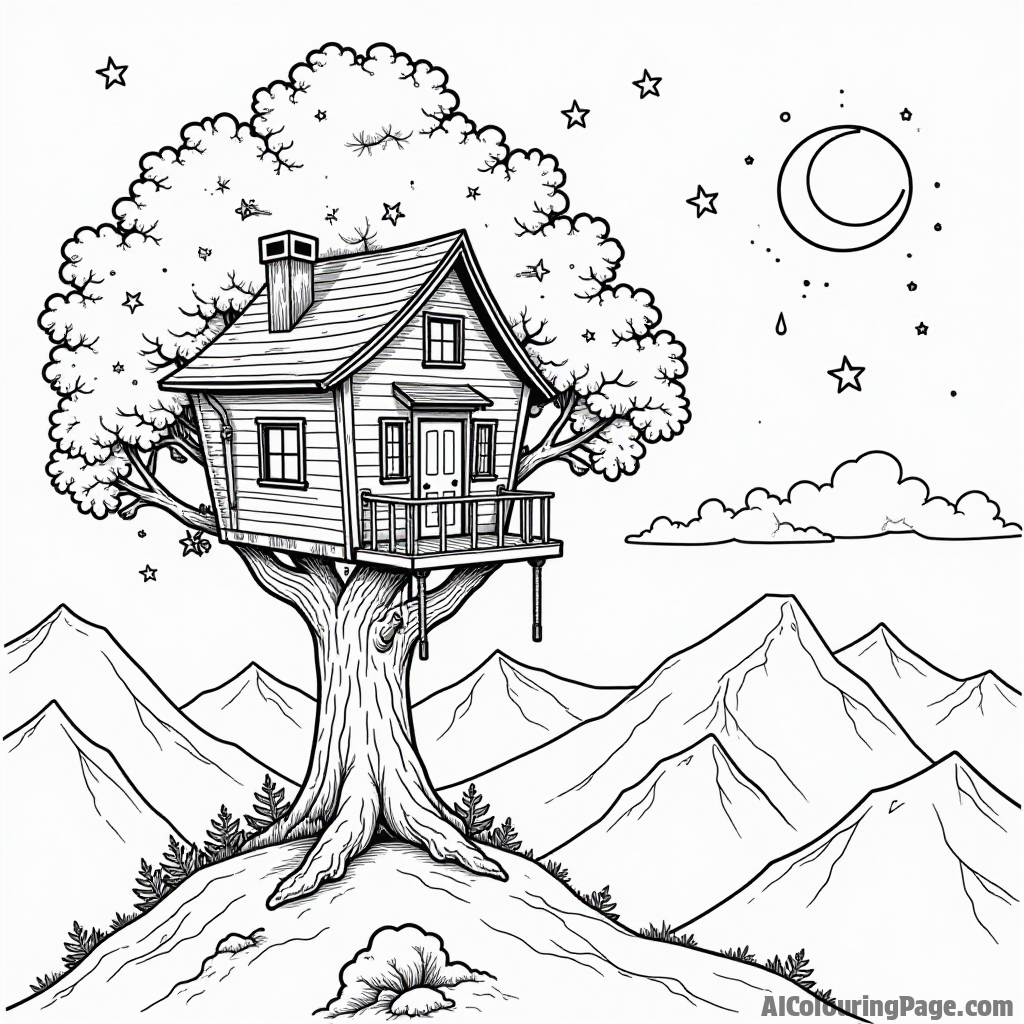 A whimsical treehouse perched high in the mountains, surrounded by birds and a clear sky filled with stars.