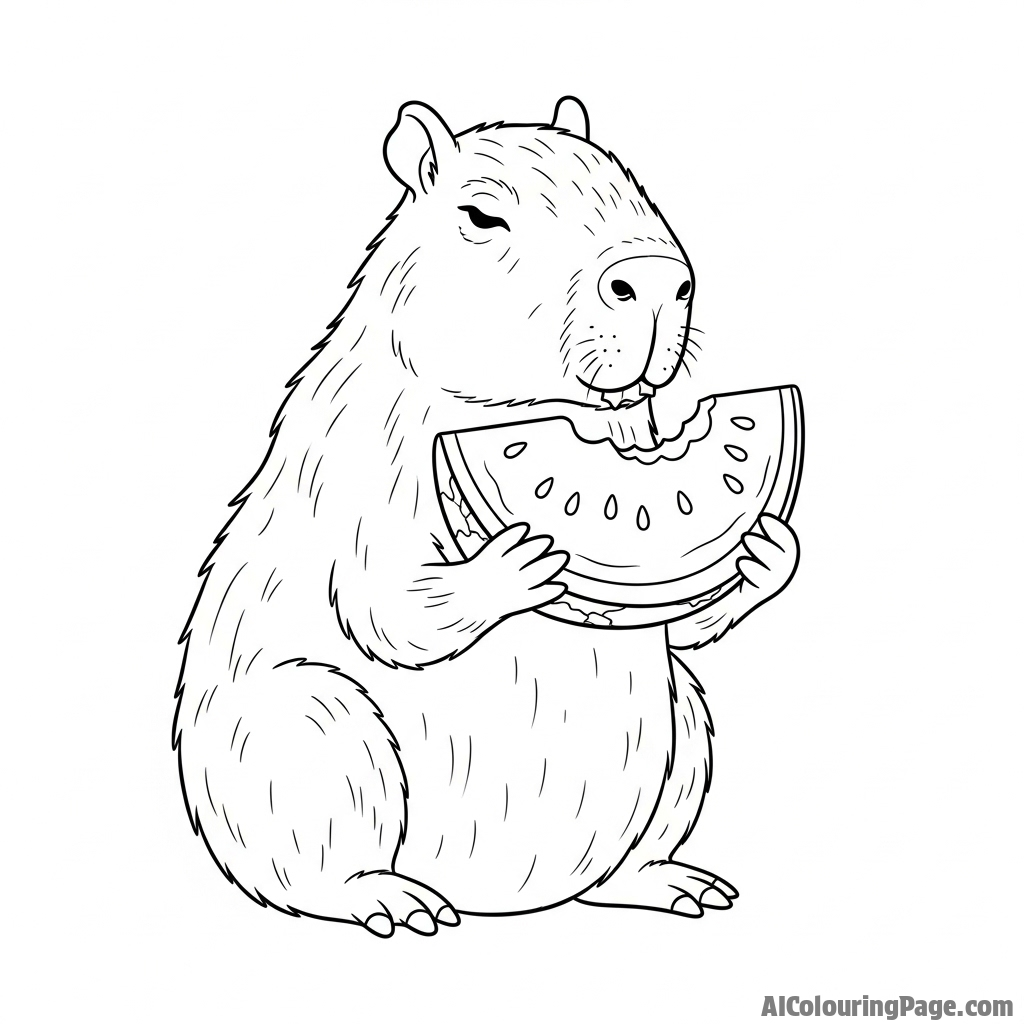 A capybara munching contentedly on a watermelon slice.
