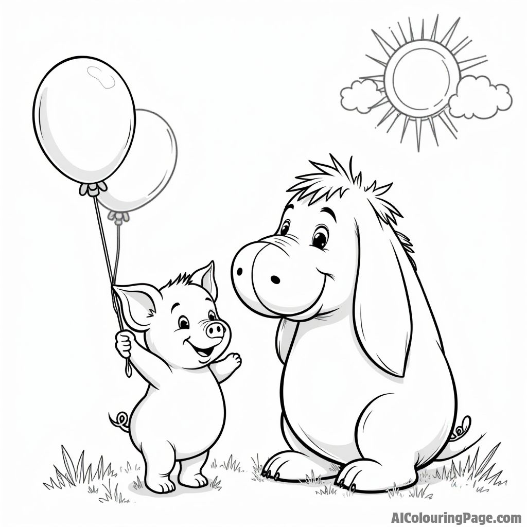 Piglet holding a balloon, standing next to a smiling Eeyore, under a bright sun, with fluffy clouds above.