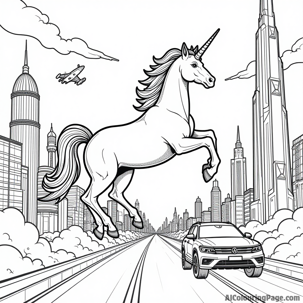 A unicorn flying over a futuristic city with tall skyscrapers and flying cars, merging fantasy with a vibrant sci-fi theme.