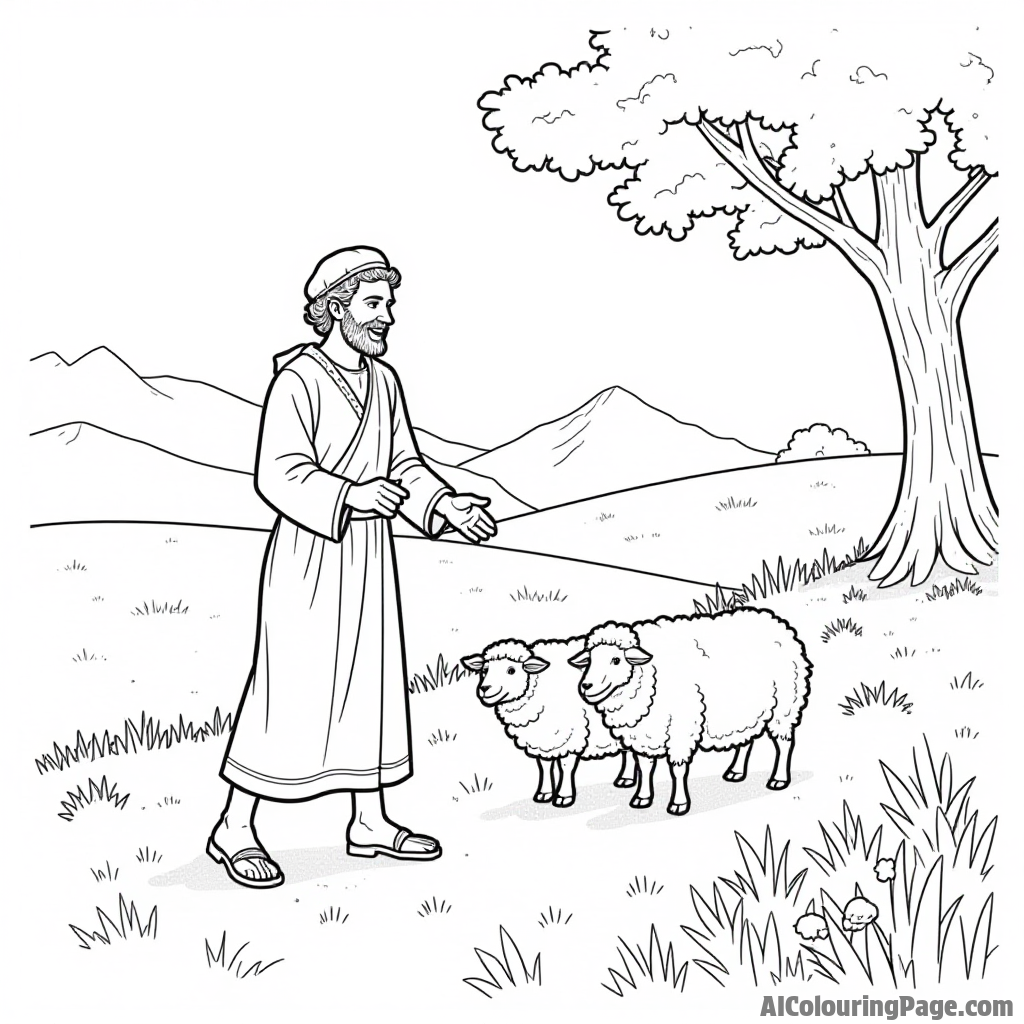 The parable of the Lost Sheep, depicting a shepherd joyfully finding his sheep in a lush green pasture.