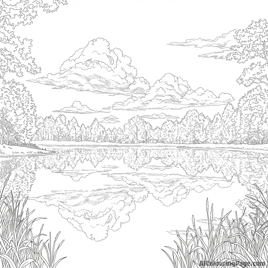 Clouds reflected in a still lake surrounded by trees.