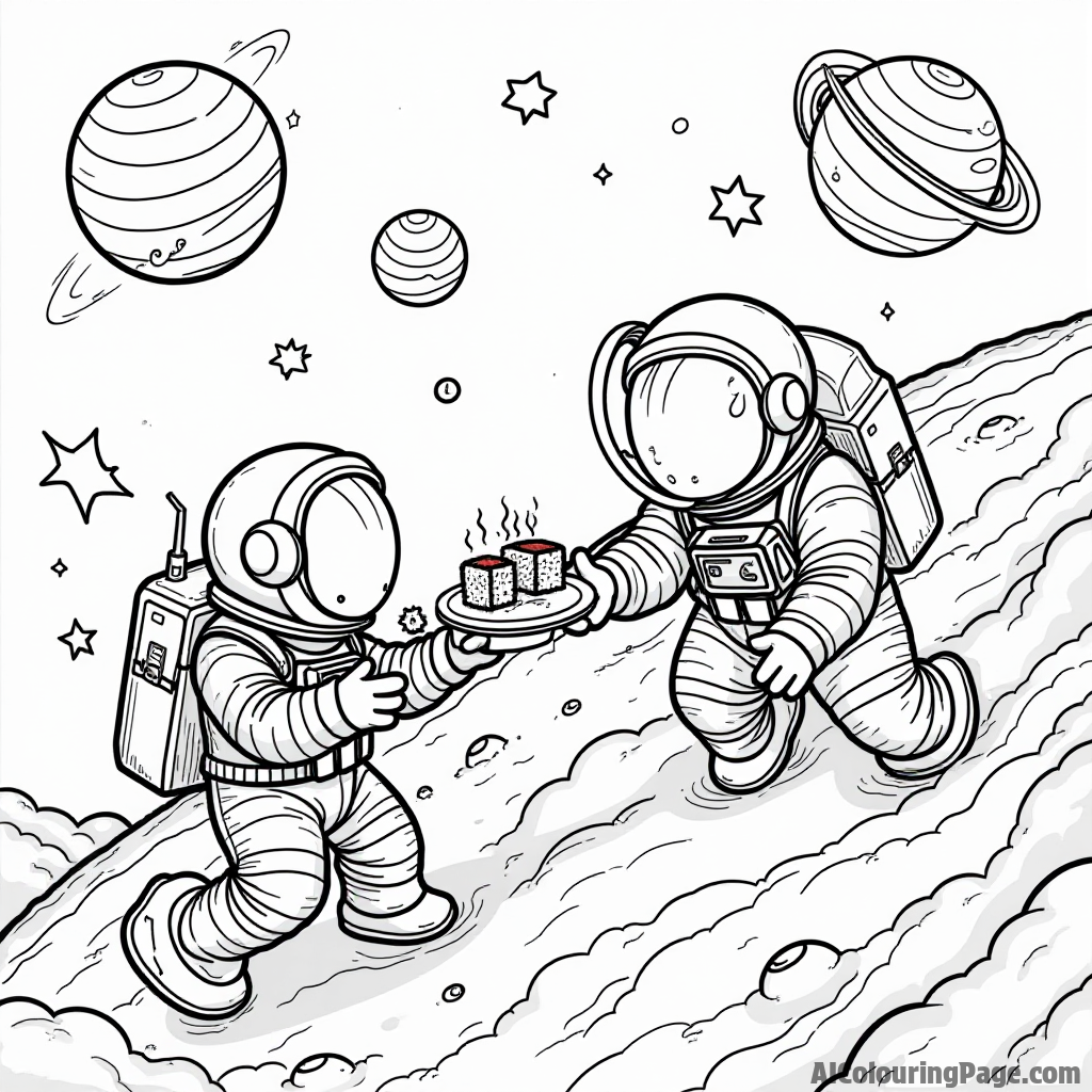 A sushi-themed space adventure with astronauts enjoying sushi in space, planets shaped like sushi, and stars twinkling.