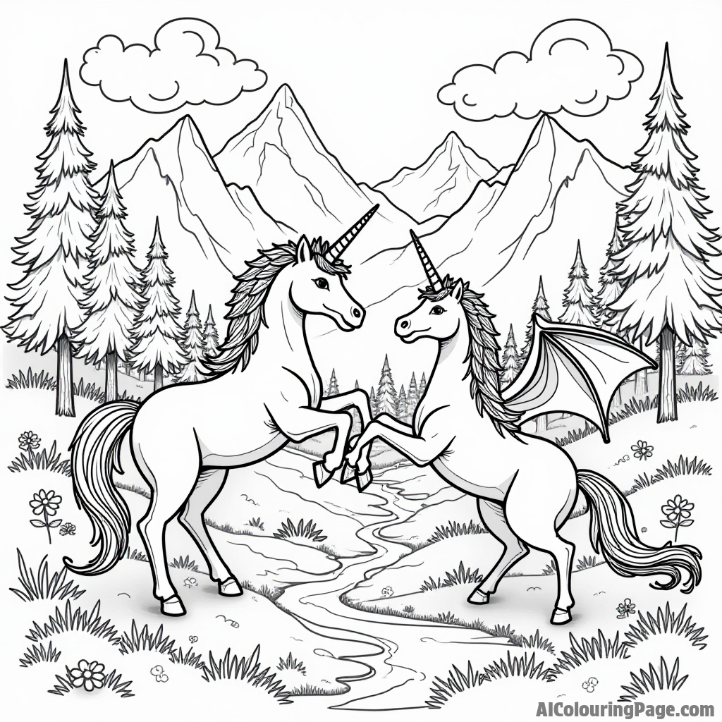 A unicorn and a dragon playing together in a fantastical landscape featuring mountains, rivers, and stunning trees to color.