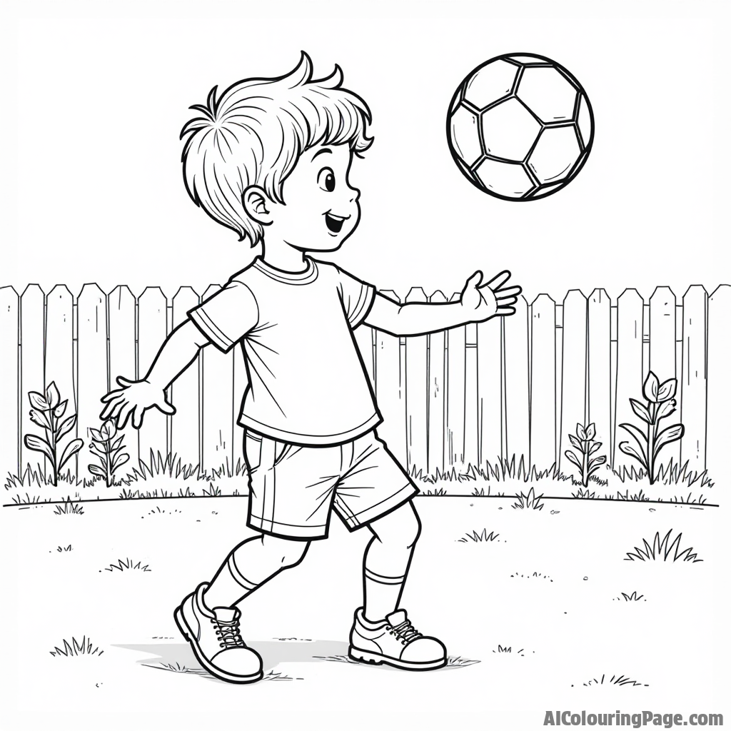 A child practicing juggling a soccer ball in a backyard, with a fence and flowers in the background, all outlined for a fun black and white coloring page.