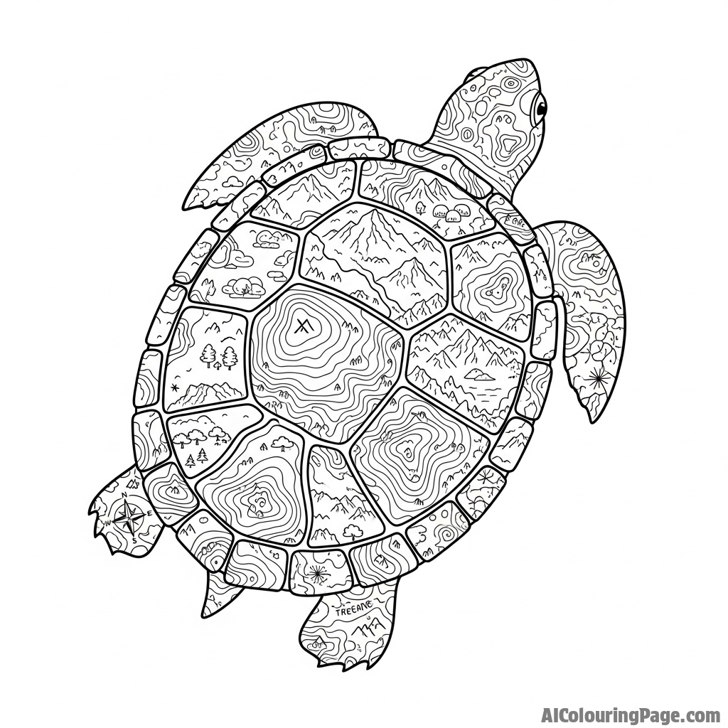 A turtle's shell as a detailed topographical map of an unknown land.