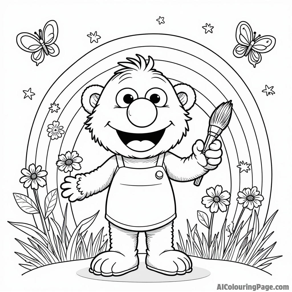 A cheerful Muppet baby painting a rainbow with a paintbrush, surrounded by colorful flowers and butterflies dancing around.