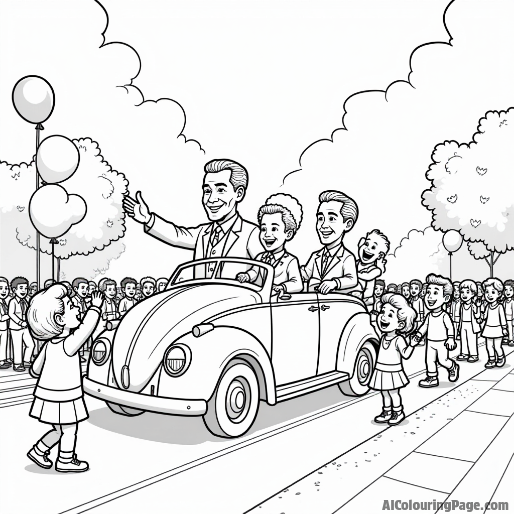 A fun scene of a presidential parade with floats representing different presidents, balloons, and children cheering along the sidewalk, highlighting the celebration of history.