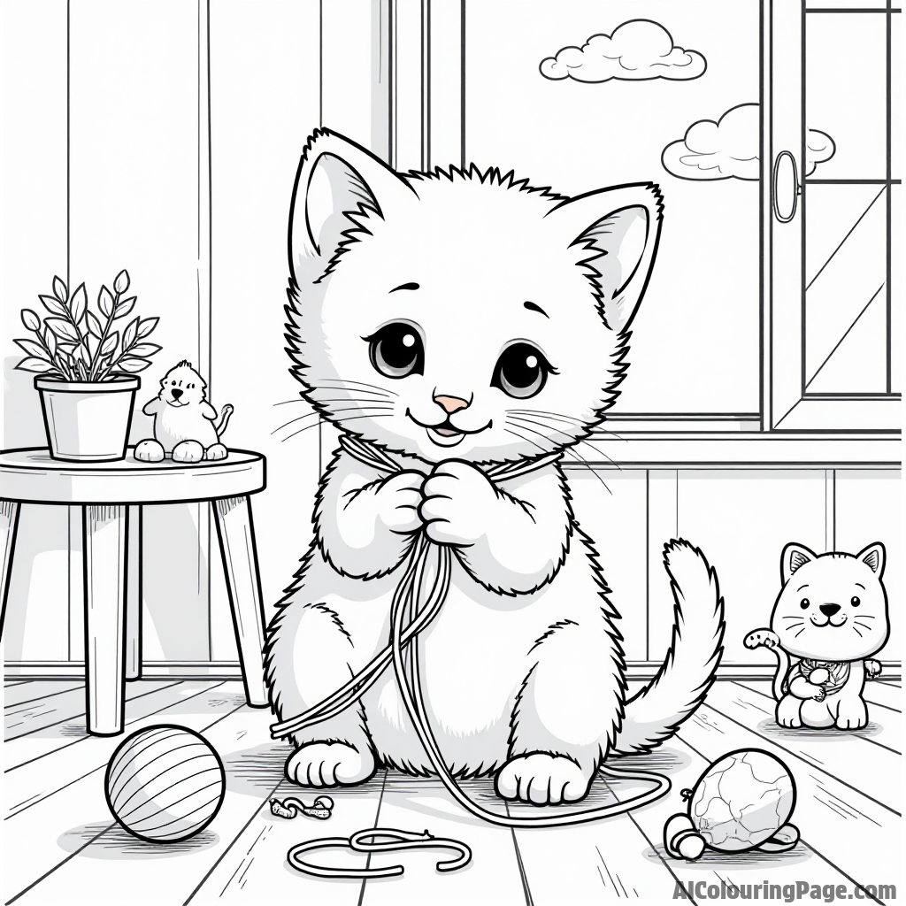 A playful kitten tangled in yarn, surrounded by toys and a sunny window, creating a charming scene for young artists.