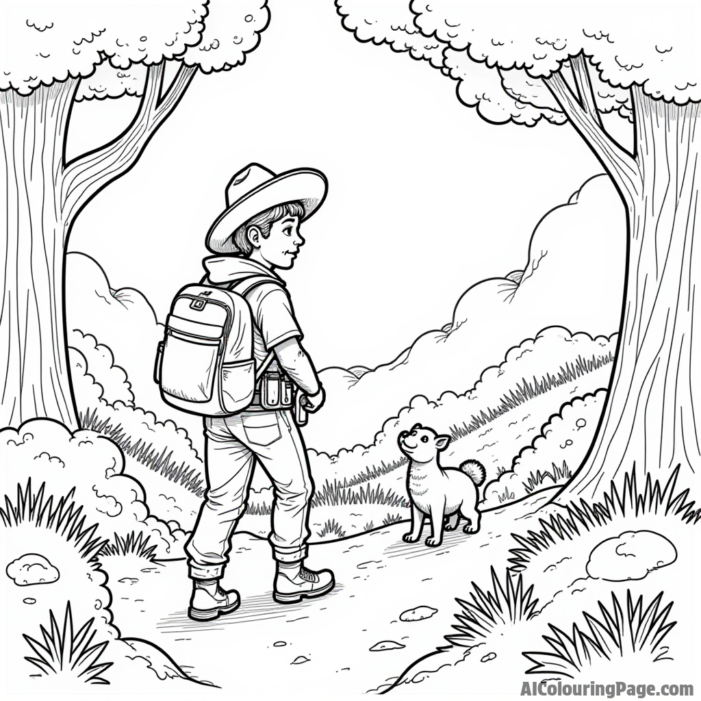 A taco explorer hiking in a forest, discovering hidden taco treasures and friendly animals along the way.