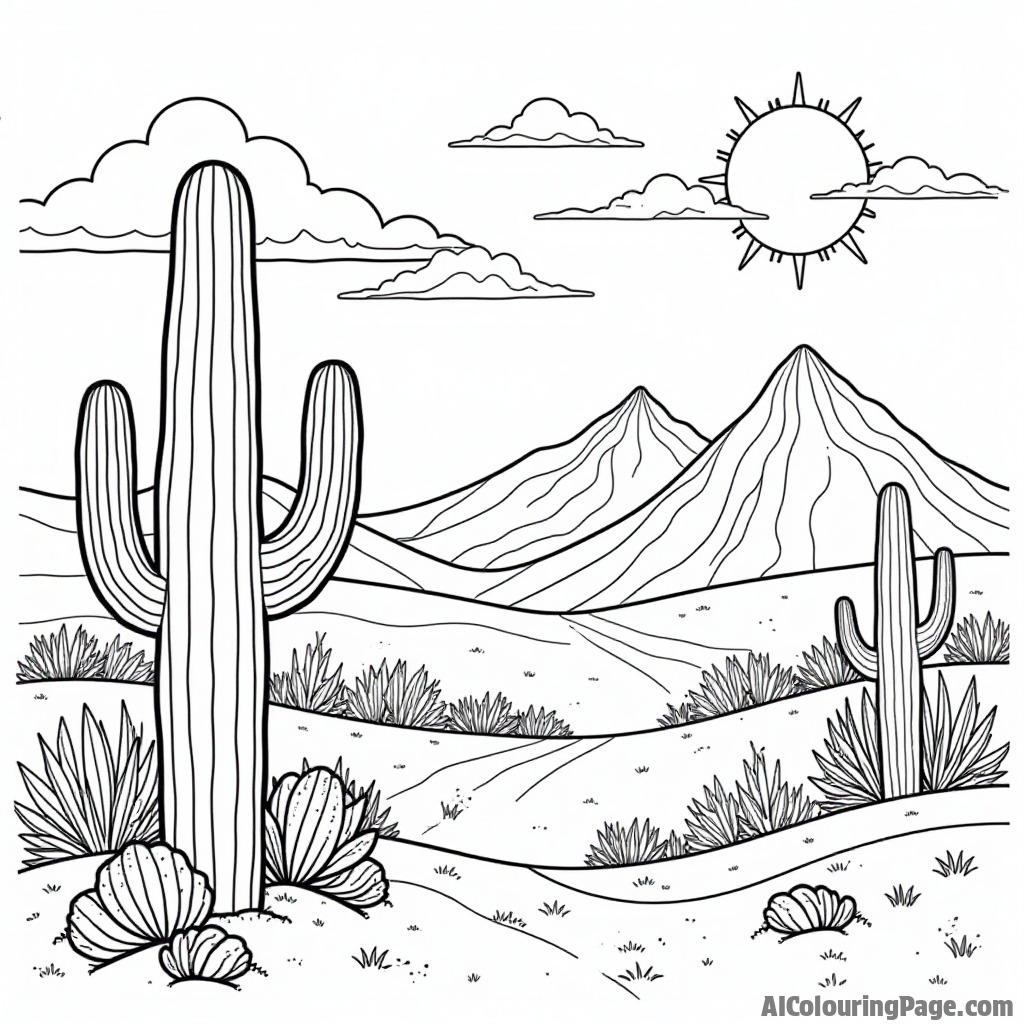 A serene desert scene with cacti, a setting sun, and a distant mountain range, inspiring creativity in kids with landscapes.