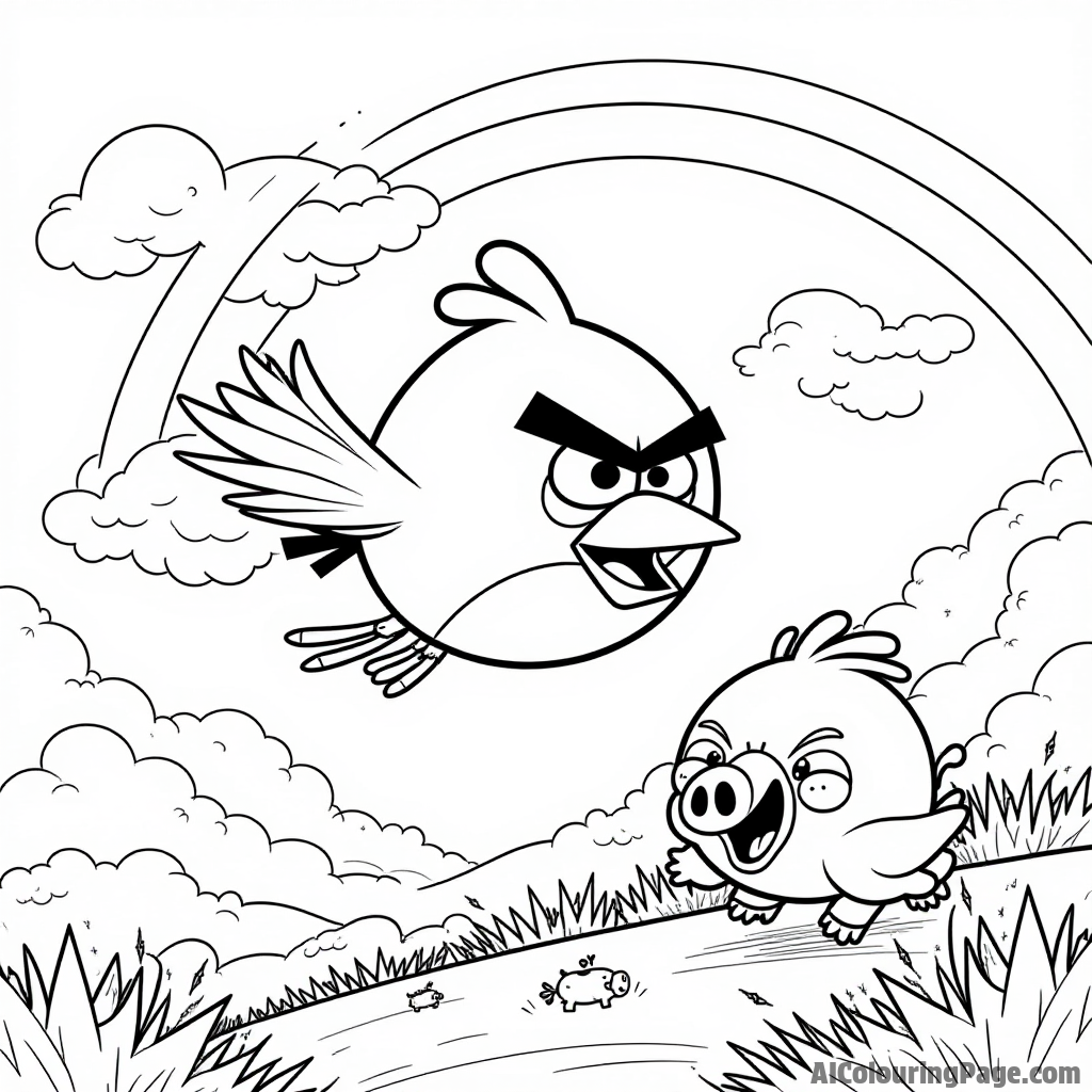 An angry bird flying through the sky with clouds and a rainbow in the background, ready to battle the pigs