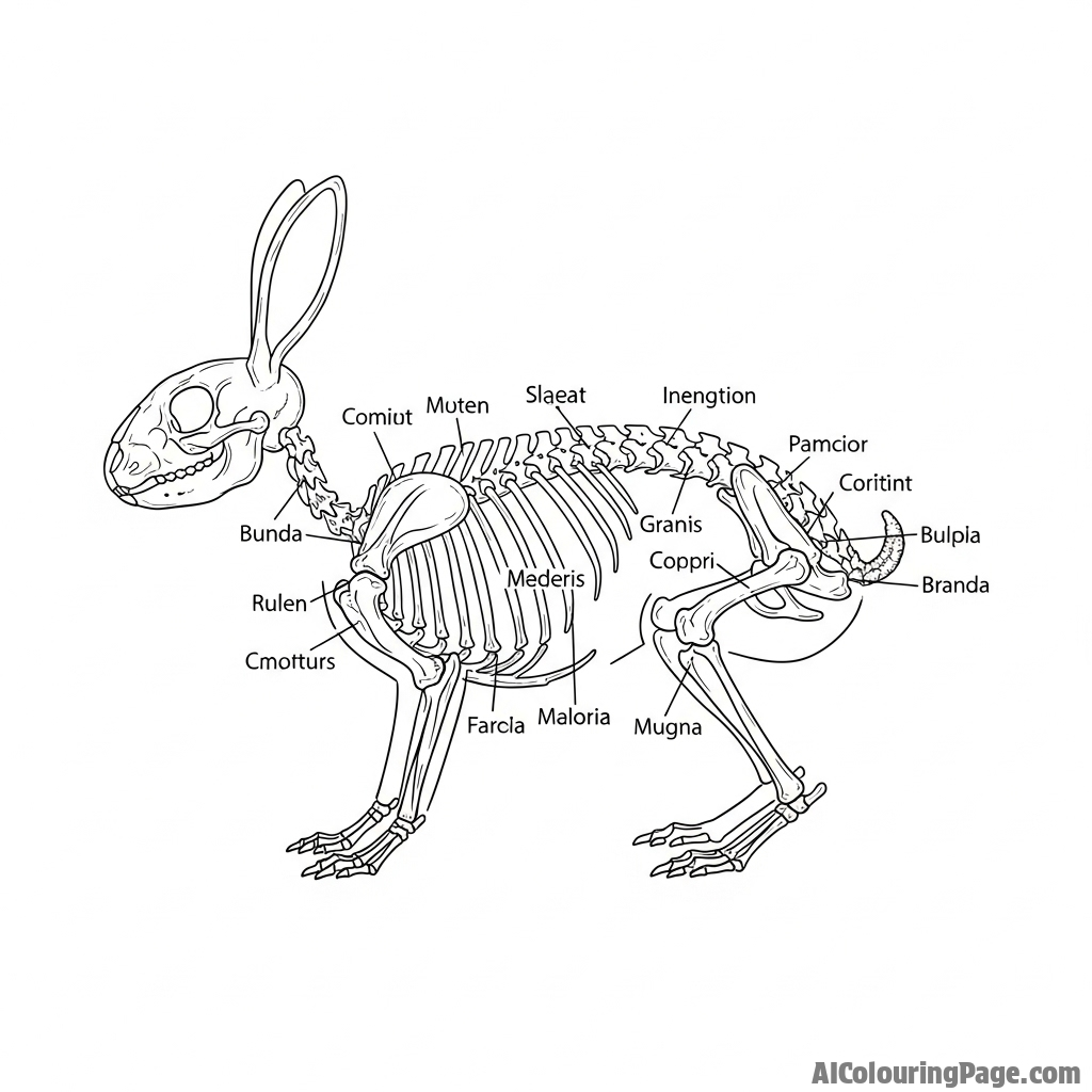 A detailed scientific illustration of a bunny's skeletal structure, anatomy chart style.