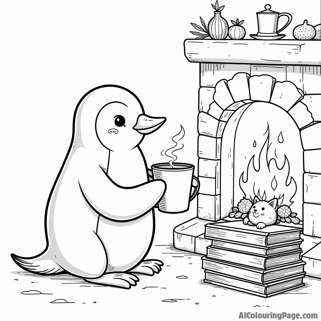 A penguin enjoying a hot cocoa by a cozy fireplace with a cat and a stack of colorful storybooks.