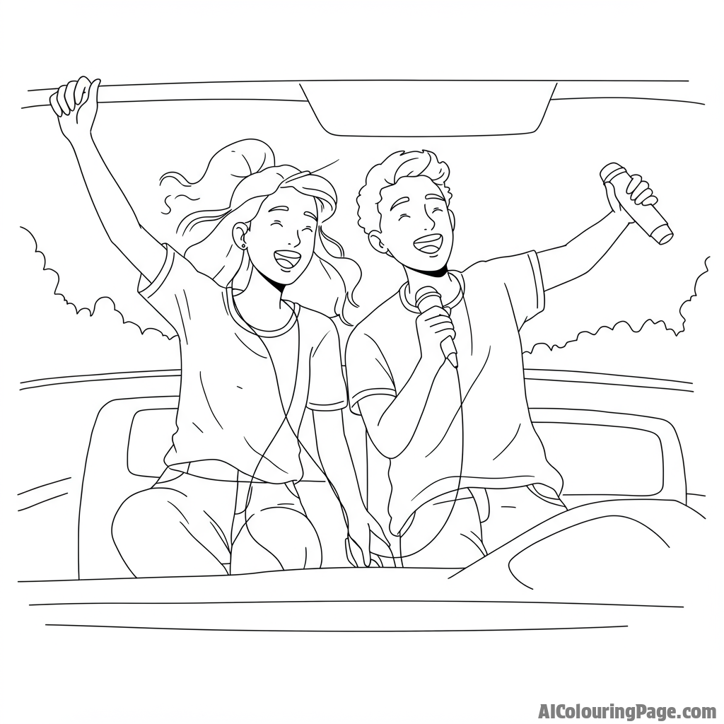 Two best friends on a road trip, singing along to music with the windows down.