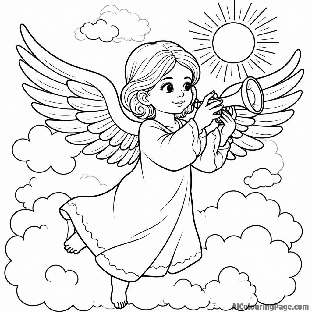 An angel with outstretched wings, holding a trumpet, surrounded by fluffy clouds and a bright sun in the background.