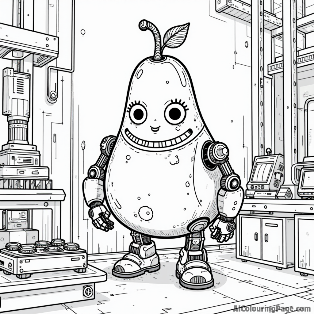 A pear robot working in a futuristic factory with gears and tools, offering a unique coloring experience for children.