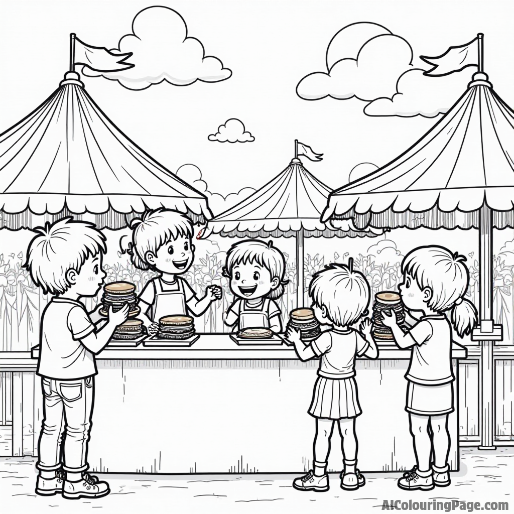 A colorful carnival scene where children are making sandwiches at different food stalls, having lots of fun.