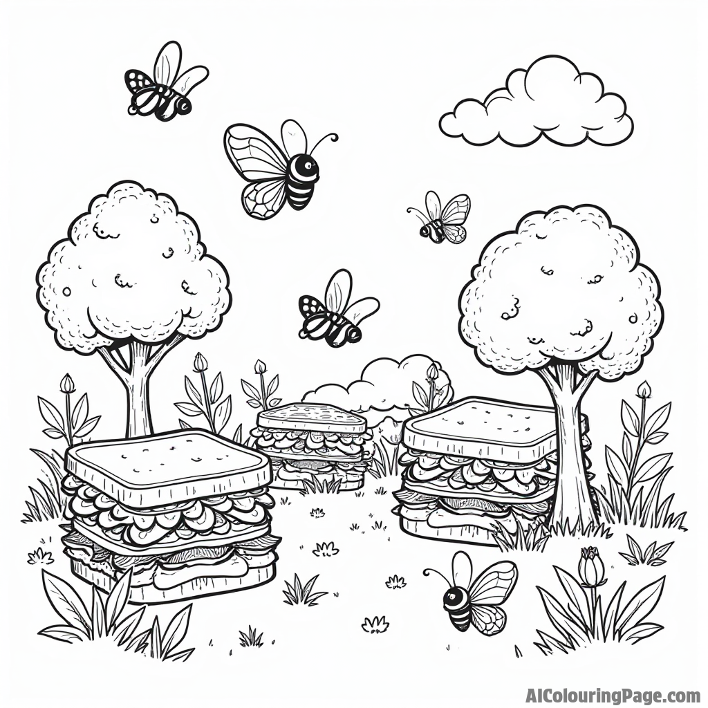 A playful sandwich garden where sandwiches grow on trees, surrounded by butterflies and bees buzzing around.