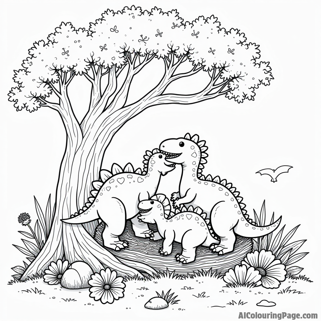 A family of dinosaurs building a nest together in a cozy hollow tree surrounded by colorful flowers.