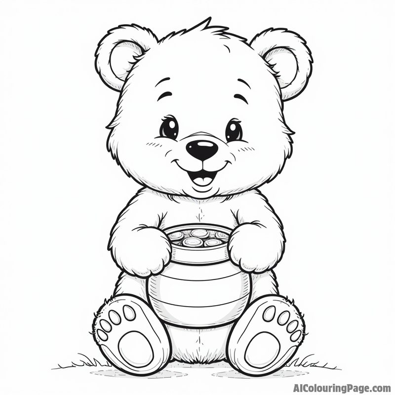 A cute bear cub holding a honey pot