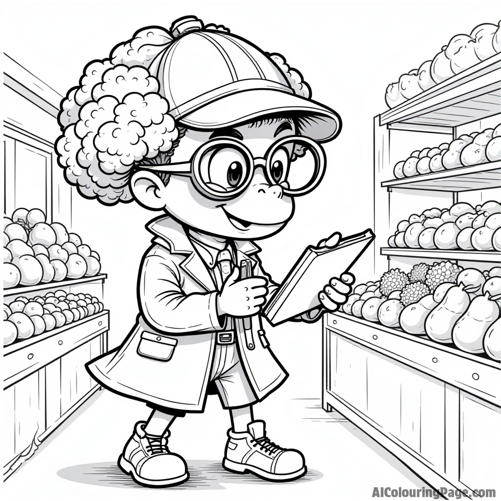 A broccoli detective solving a mystery in a vegetable market, with a magnifying glass and a notepad in hand.