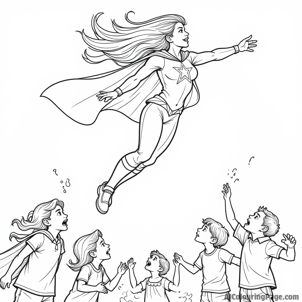 Starfire flying through the air, her hair flowing, with a group of amazed children looking up at her in wonder below.