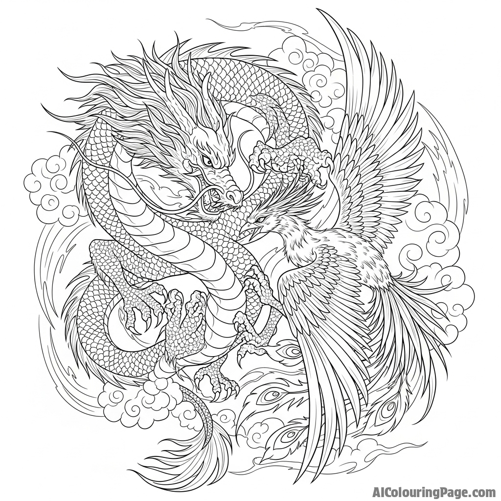 A dragon and a phoenix locked in a dramatic, swirling aerial duel.