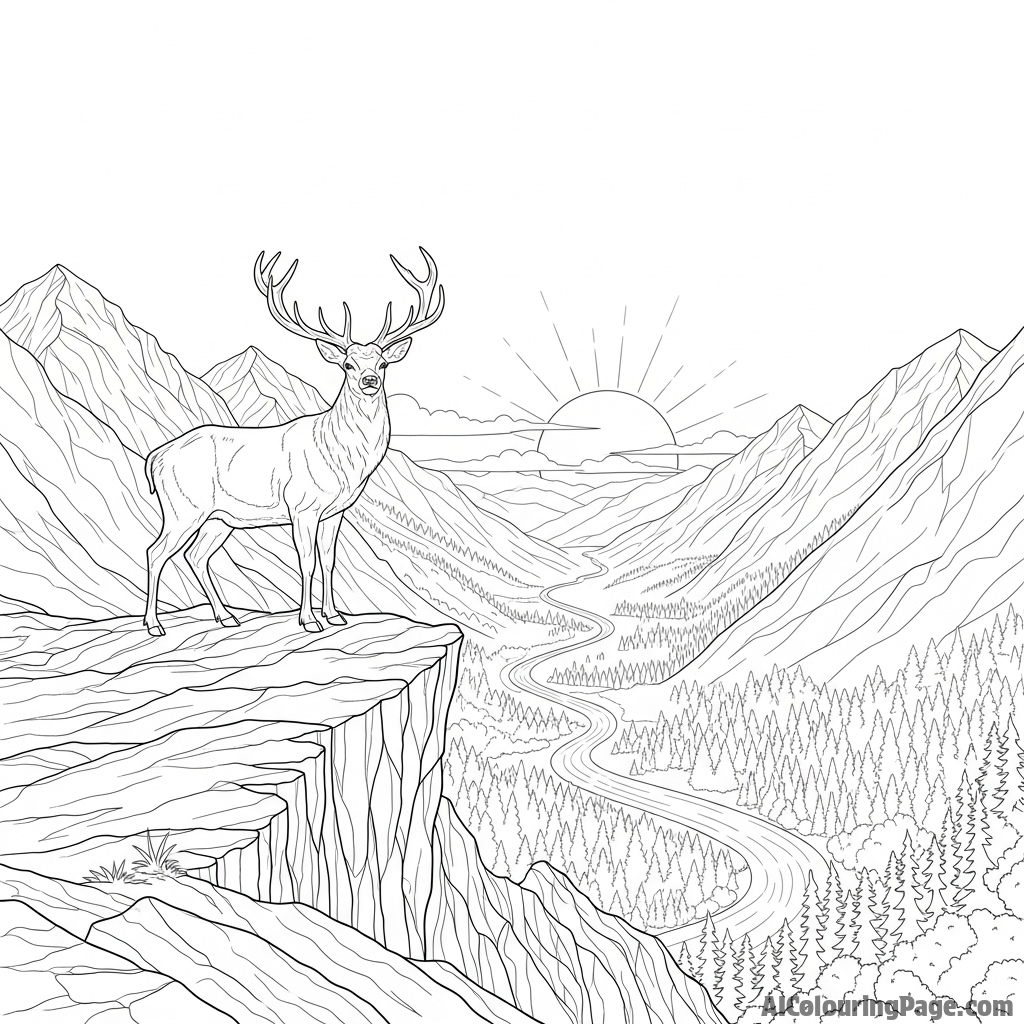 A majestic stag standing on a rocky cliff overlooking a vast valley.