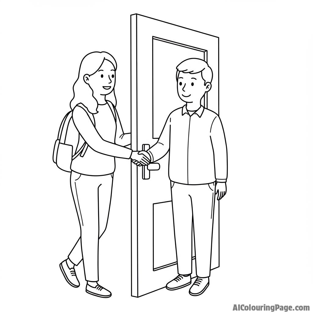 A teacher greeting their students at the door with a warm smile.