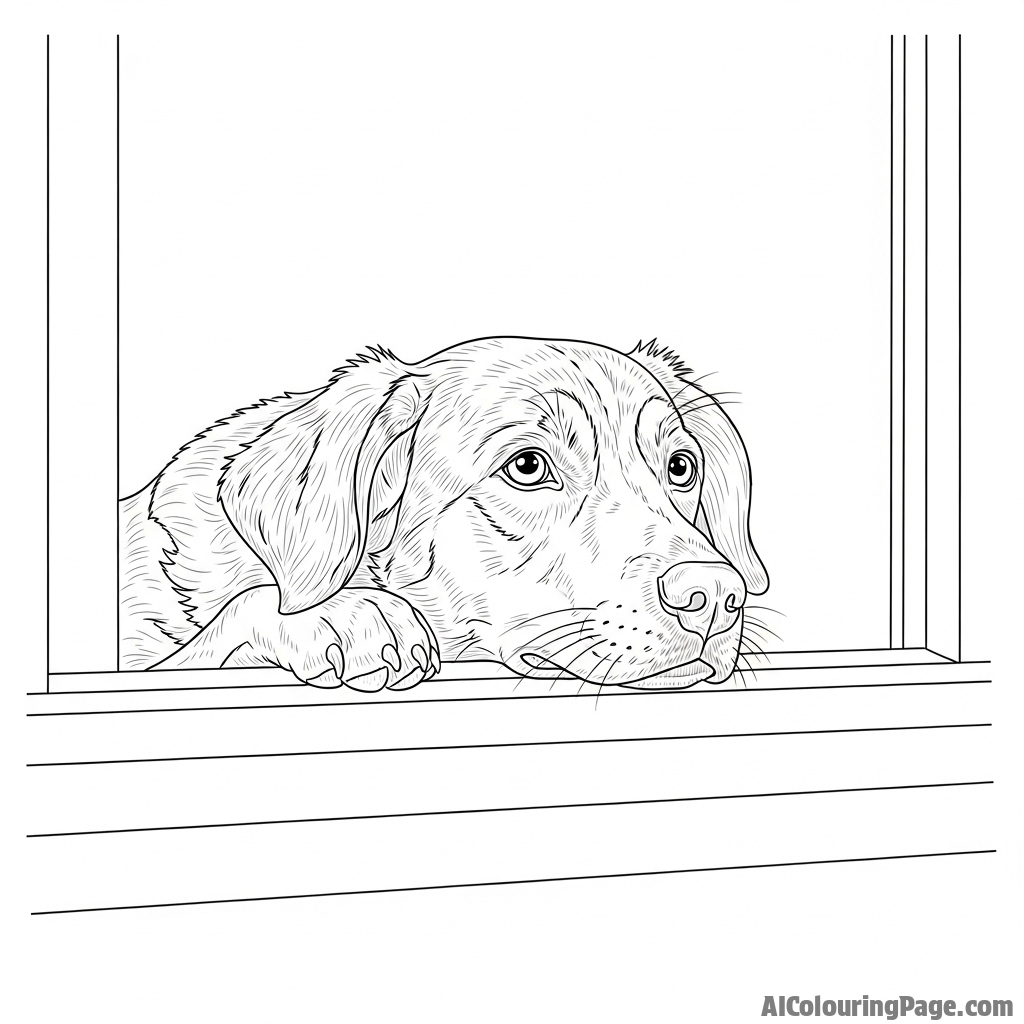 A dog resting its chin on a windowsill, watching the world go by.