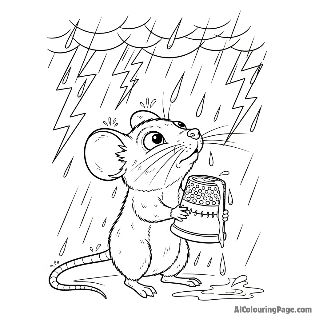 A mouse using a thimble to collect rainwater during a storm.