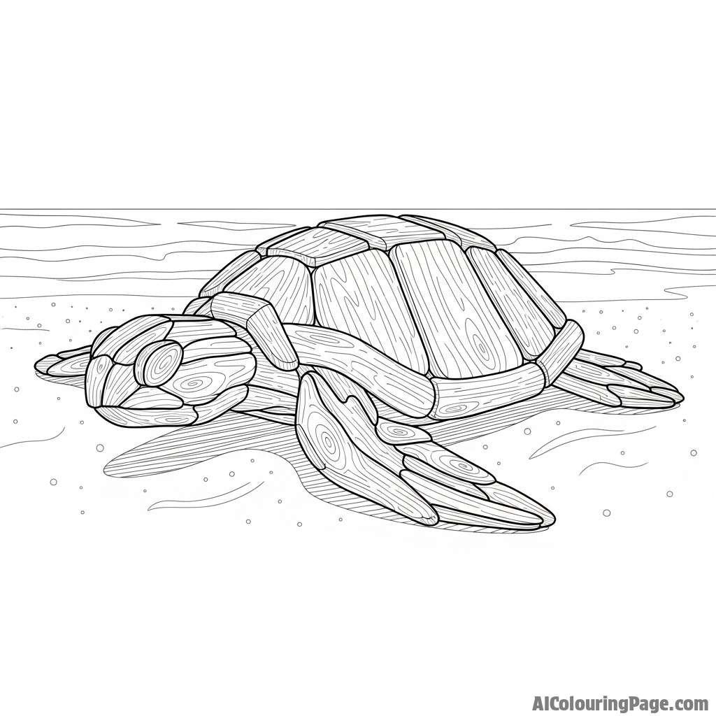 A turtle sculpted from driftwood, found on a beach.