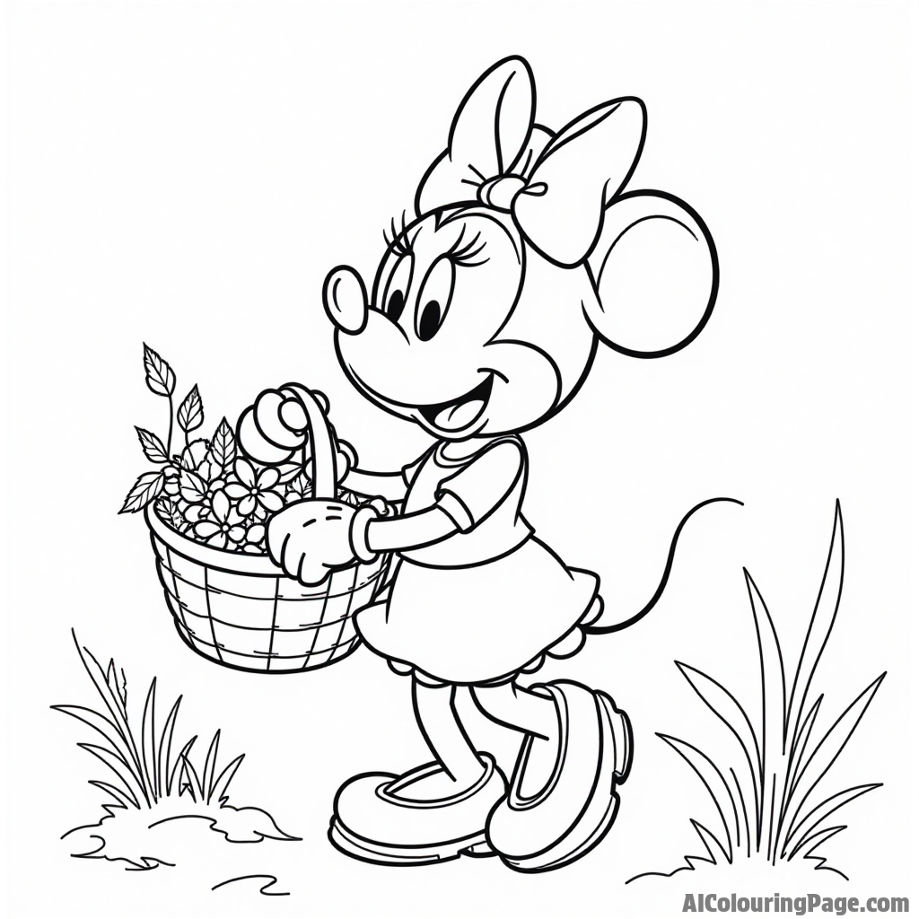 Minnie Mouse going for a nature walk, collecting leaves and flowers in her basket with a happy expression.