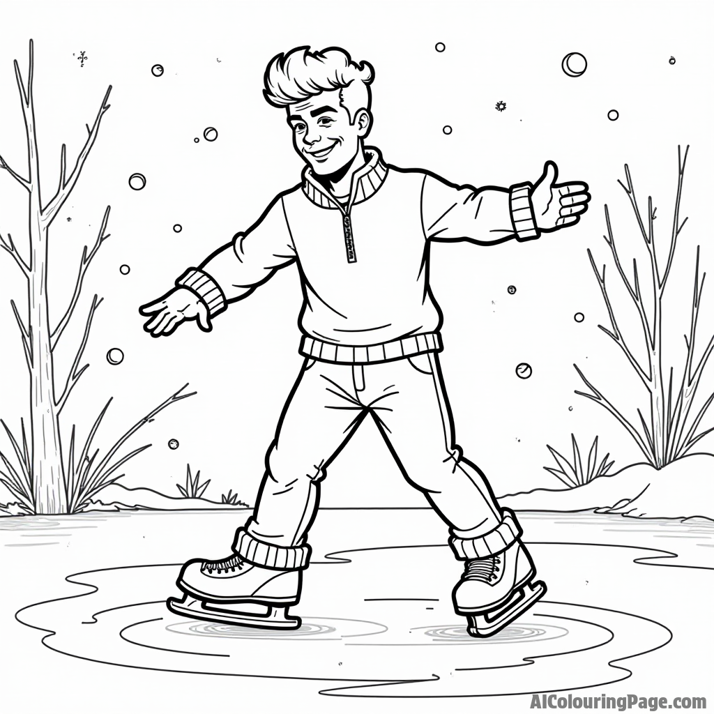 Johnny Bravo ice skating on a pond with snowflakes falling around him