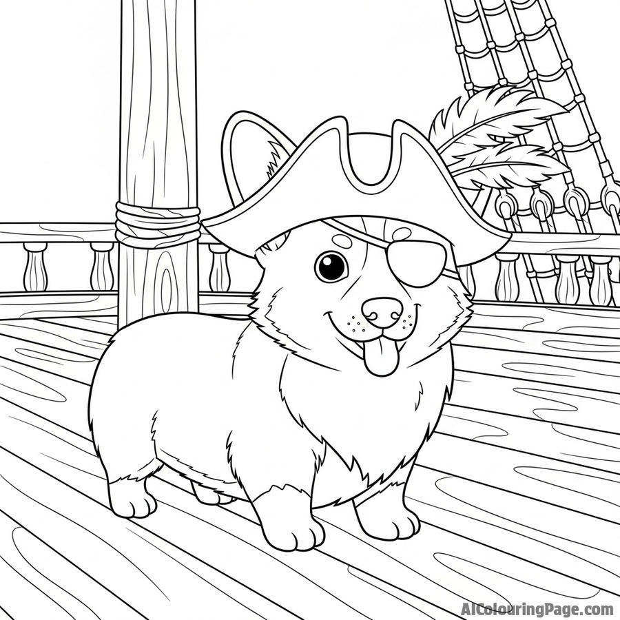 A pirate corgi with an eyepatch and a feathered hat on the deck of a galleon.