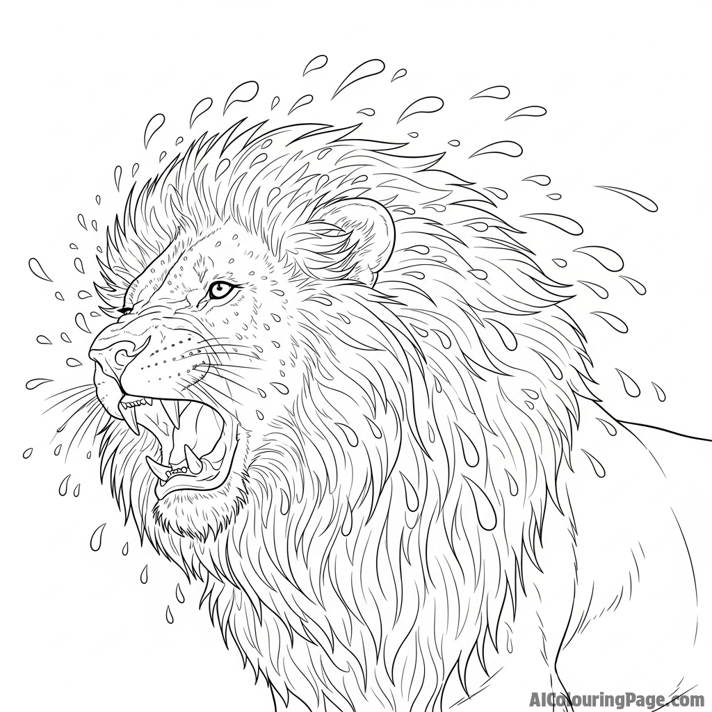 A powerful lion shaking water droplets from its mane in dramatic slow motion.