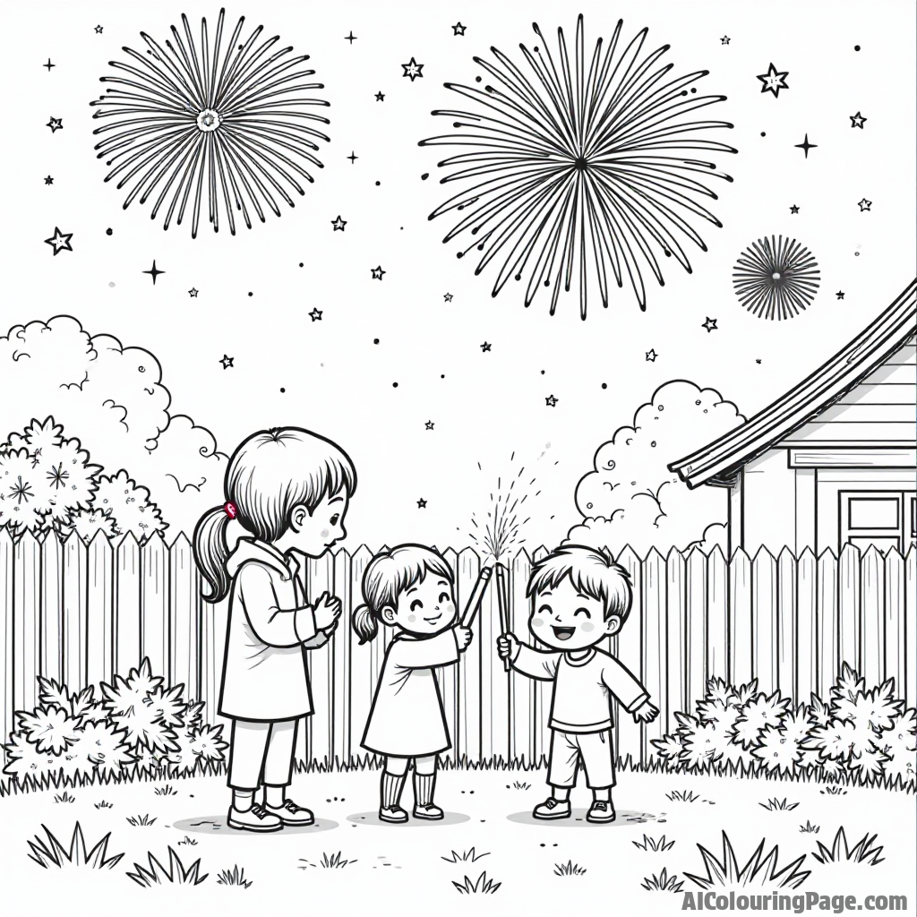 An enchanting scene of a family setting off firecrackers in the backyard, with a backdrop of colorful fireworks lighting up the night sky, celebrating the arrival of the Chinese New Year.