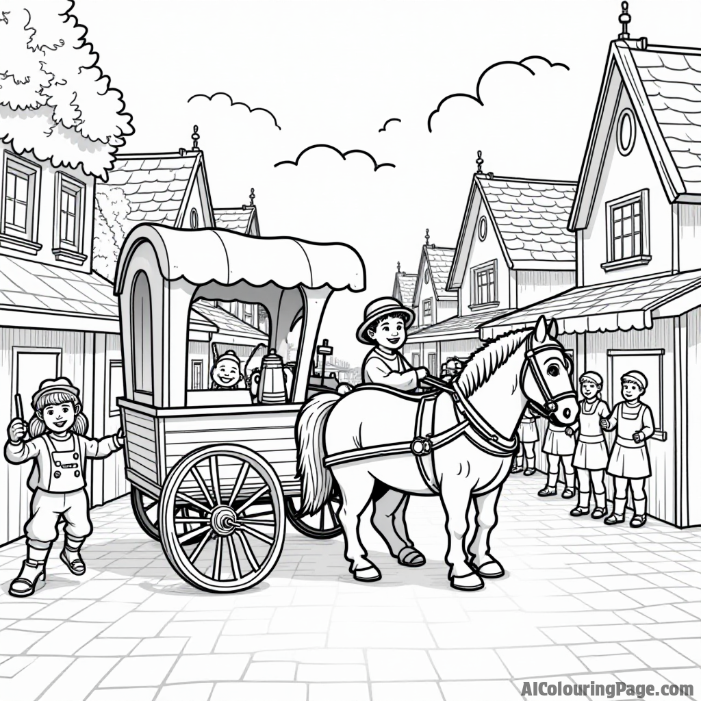 A charming Oktoberfest parade scene with a horse-drawn beer wagon, children waving flags, and festive decorations adorning the surroundings, inviting creativity and coloring fun.