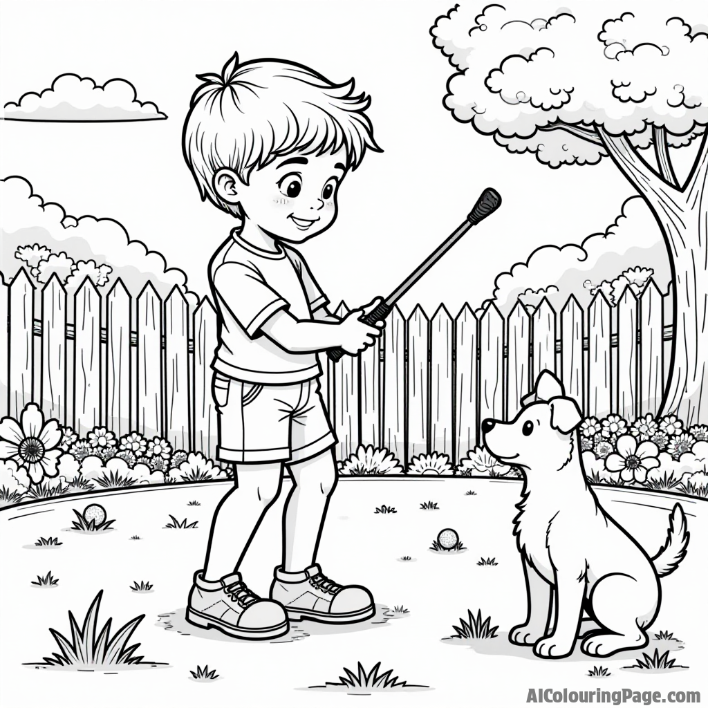 A young boy practicing his golf swing in his backyard, with a colorful fence and flowers around him, and a dog curiously watching for kids to color happily.