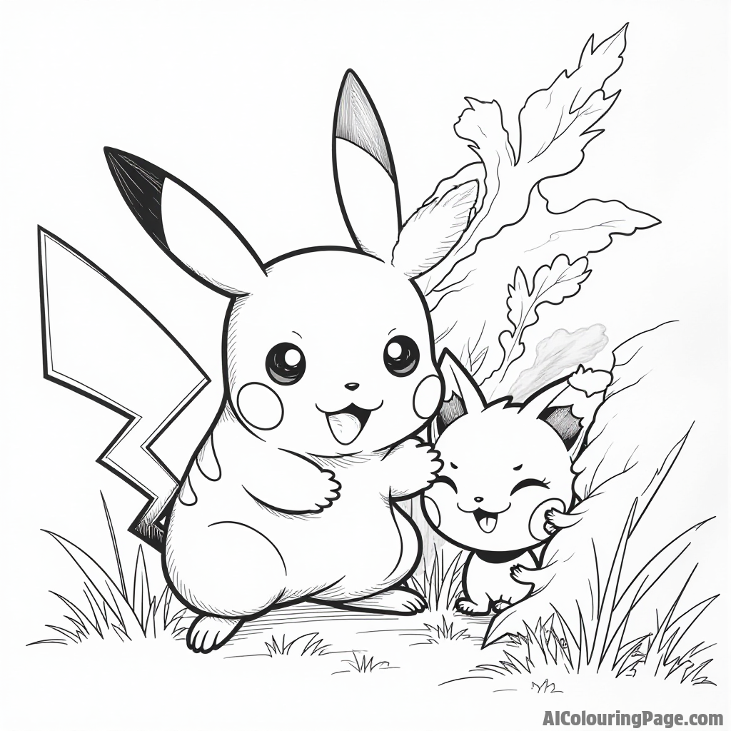 Pikachu playing hide and seek behind a bush with a surprised Meowth peeking out