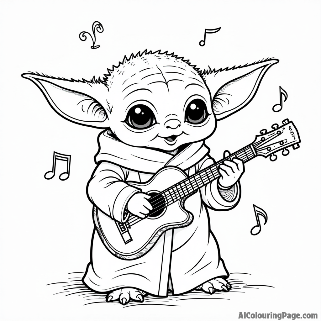 Baby Yoda playing an instrument with musical notes floating in the air around him