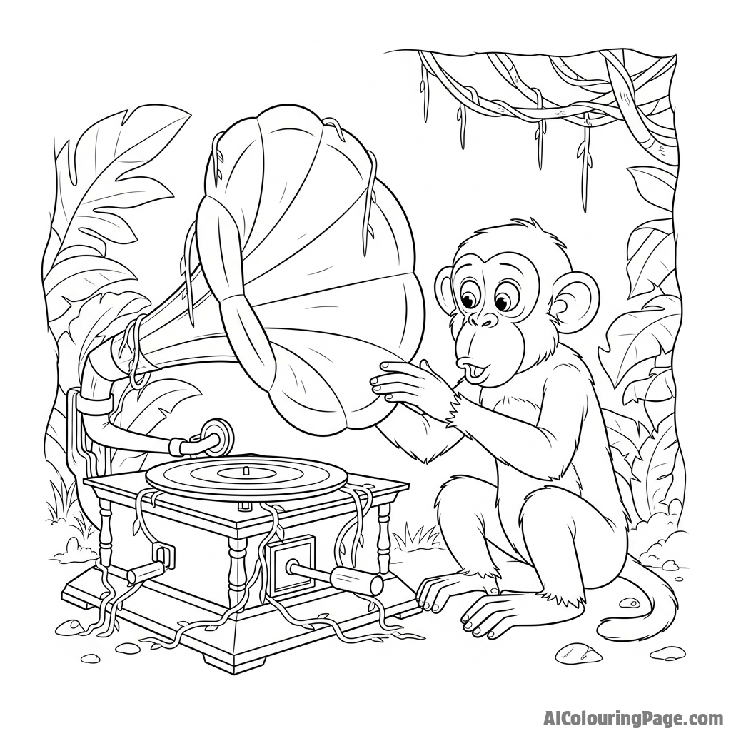A monkey discovering an old, forgotten gramophone in the jungle.