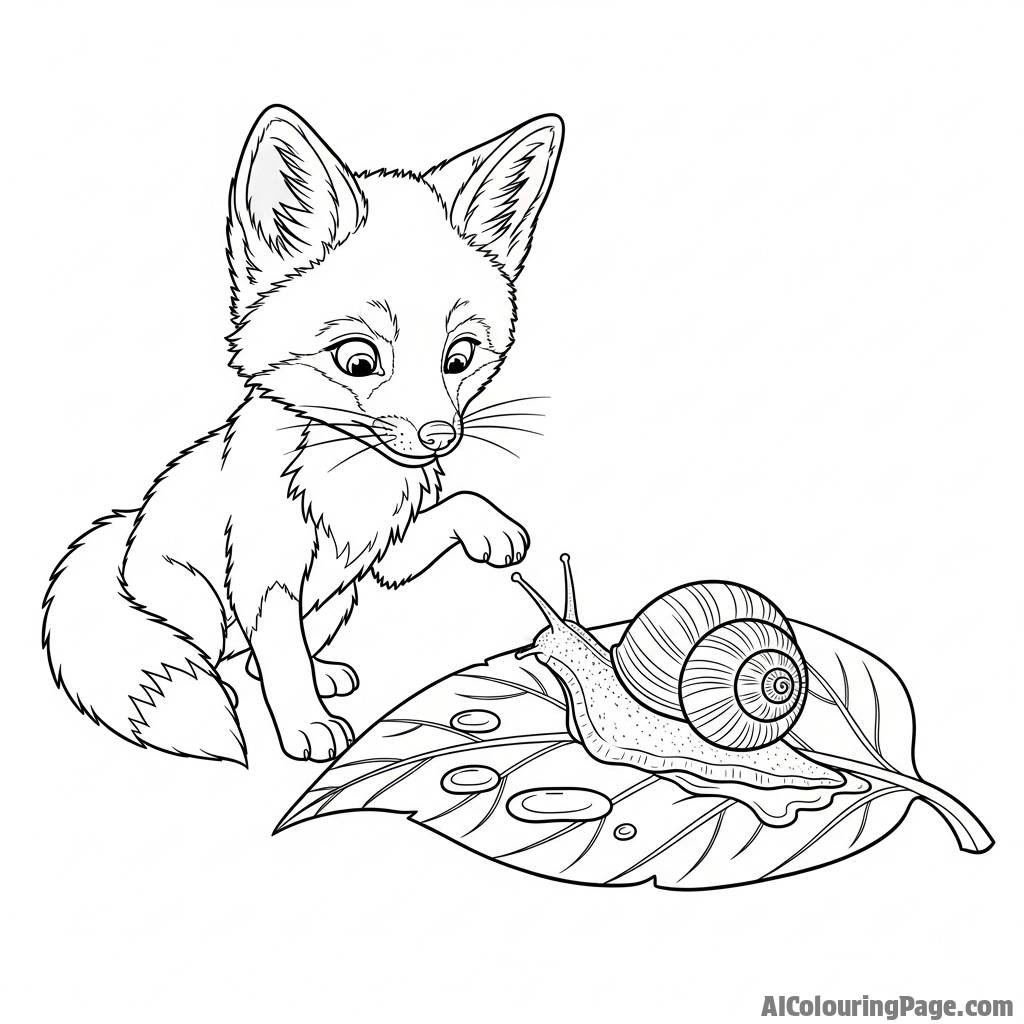 A curious fox kit discovering a snail crawling on a large, damp leaf.